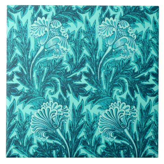 Jacobean Flower Damask, Turquoise en Blauwgroen Bl Tegeltje (Voorkant)