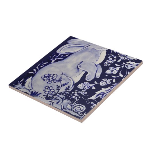 Jacobean konijn vogels bloemen blauw wit bodem L Tegeltje (Zijkant)