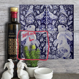 Jacobean konijn vogels bloemen blauw wit bodem L Tegeltje