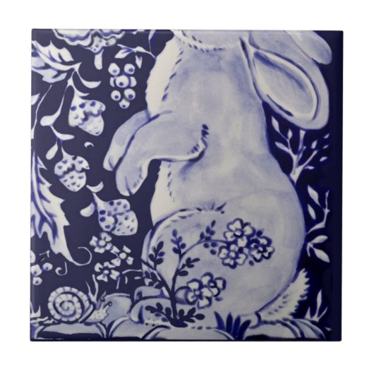 Jacobean konijn vogels bloemen blauw wit bodem R Tegeltje (Voorkant)