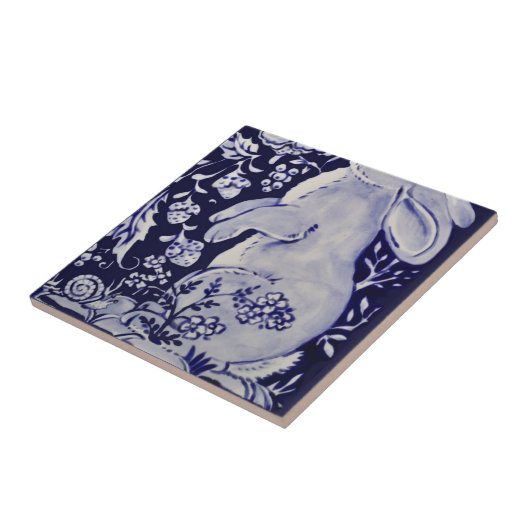 Jacobean konijn vogels bloemen blauw wit bodem R Tegeltje (Zijkant)