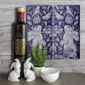 Jacobean konijn vogels bloemen blauw wit bodem R Tegeltje