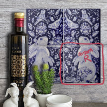 Jacobean konijn vogels bloemen blauw wit bodem R