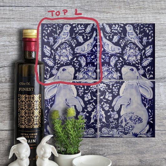 Jacobean konijn vogels bloemen blauw wit top L Tegeltje