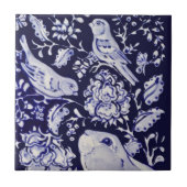 Jacobean Konijn Vogels Bloemen Blauw Wit Top R Tegeltje (Voorkant)