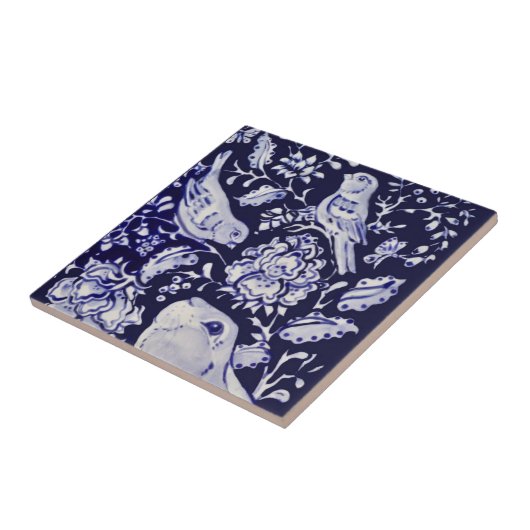 Jacobean Konijn Vogels Bloemen Blauw Wit Top R Tegeltje (Zijkant)