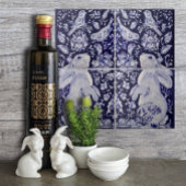 Jacobean Konijn Vogels Bloemen Blauw Wit Top R Tegeltje