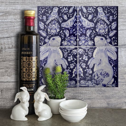 Jacobean Konijn Vogels Bloemen Blauw Wit Top R Tegeltje