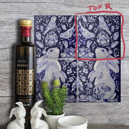 Jacobean Konijn Vogels Bloemen Blauw Wit Top R Tegeltje