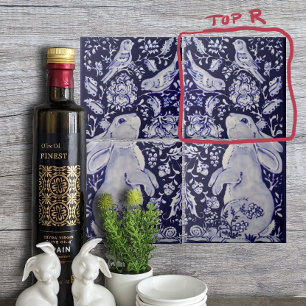 Jacobean Konijn Vogels Bloemen Blauw Wit Top R Tegeltje