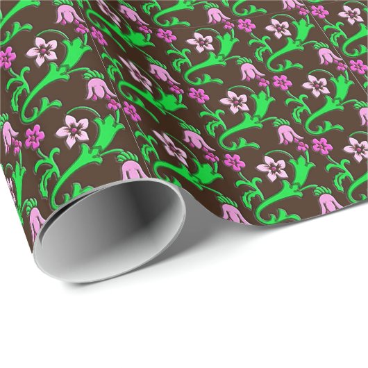 Jacoboonbloem - roze, groen, chocolade cadeaupapier (Rol Hoek)