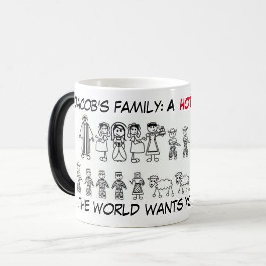 Jacob's familie: grappige mok door hitte geactivee (Voorkant links)