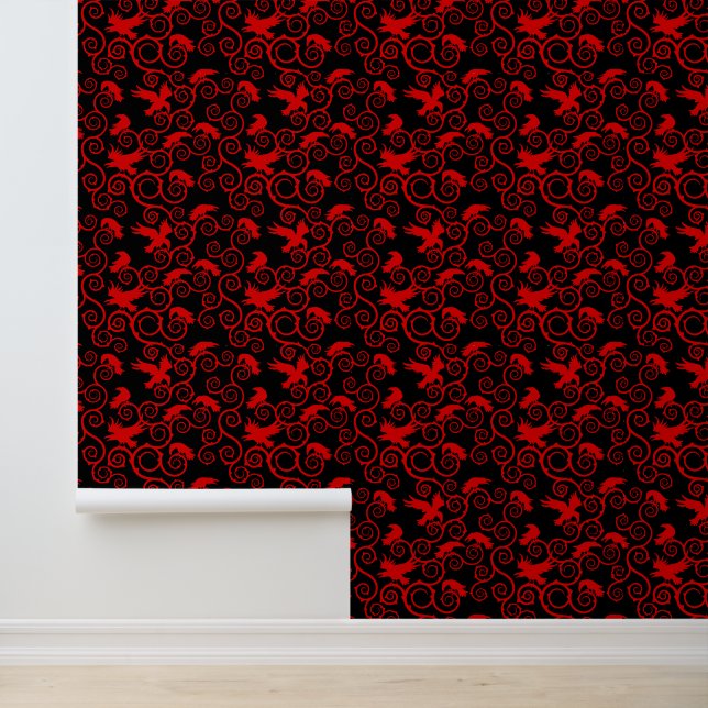 Jacquard Rood en Zwart Raven Victoriaans Gotisch Behang (Applicatie)