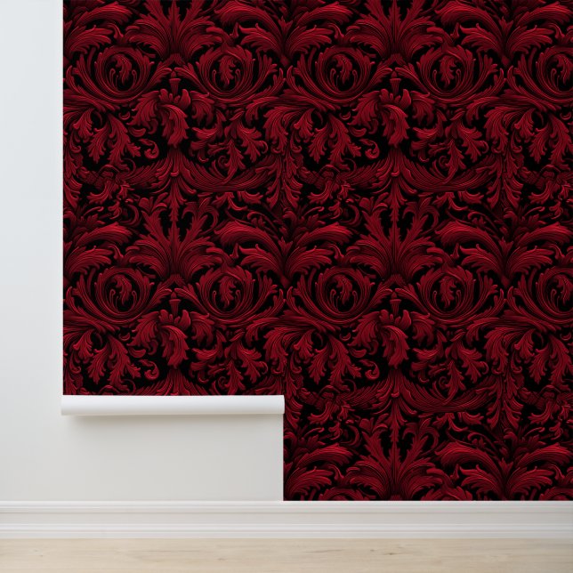 Jacquard Swirling Wallpaper Rood Gotisch Behang (Applicatie)