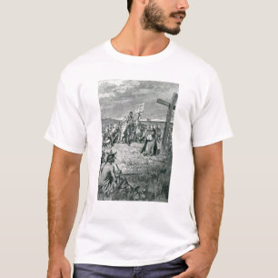 Jacques Cartier zet een kruis in Gaspe op T-shirt