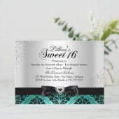 Jade Black Damask Sparkle Sweet 16 Invite Kaart (Staand voorkant)
