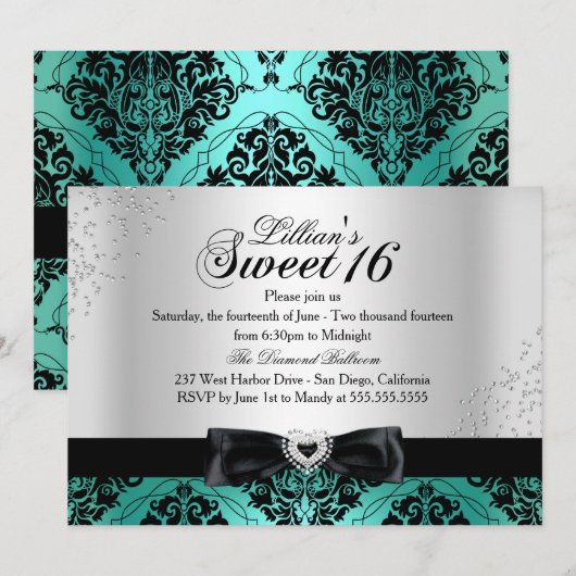 Jade Black Damask Sparkle Sweet 16 Invite Kaart (Voorkant / Achterkant)