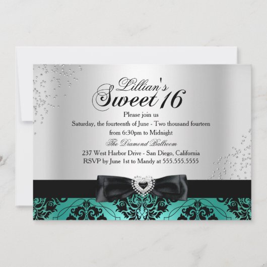 Jade Black Damast Glitter Sweet 16 Uitnodiging (Voorkant)