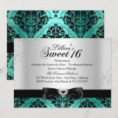 Jade Black Damast Glitter Sweet 16 Uitnodiging (Voorkant / Achterkant)