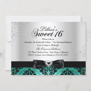 Jade Black Damast Glitter Sweet 16 Uitnodiging