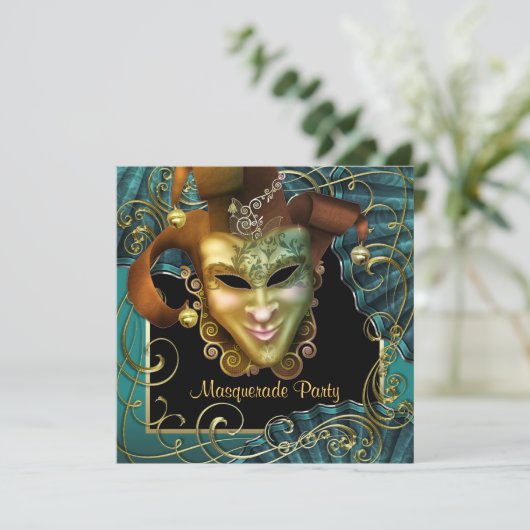 Jade Black Gold Masquerade Party Uitnodigingen (Staand voorkant)