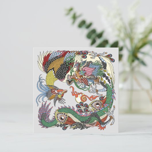 Jade Draak en Gouden Feniks spelen met een parel (Staand voorkant)