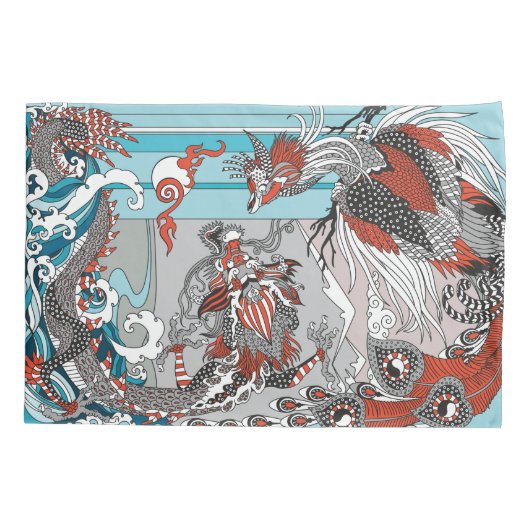 Jade Dragon and Gold Phoenix playing with a pearl Kussensloop (Achterkant)