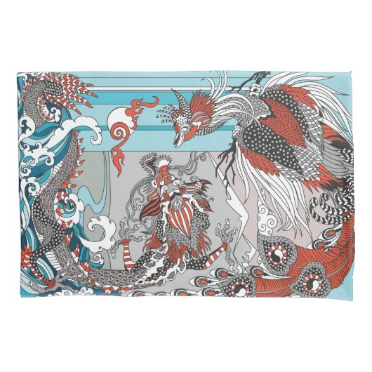 Jade Dragon and Gold Phoenix playing with a pearl Kussensloop (Voorkant)