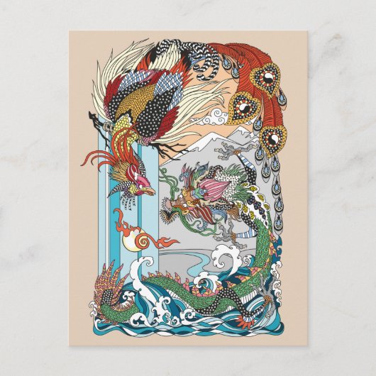 Jade Dragon en Gold Phoenix spelen met een parel Briefkaart (Voorkant)