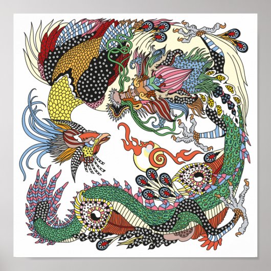 Jade Dragon en Gold Phoenix spelen met een parel Poster (Voorkant)