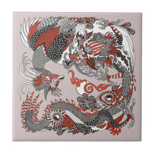 Jade Dragon en Gold Phoenix spelen met een parel Tegeltje