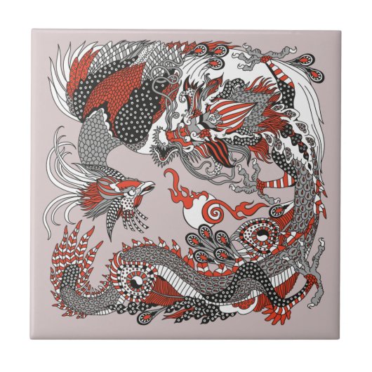 Jade Dragon en Gold Phoenix spelen met een parel Tegeltje (Voorkant)