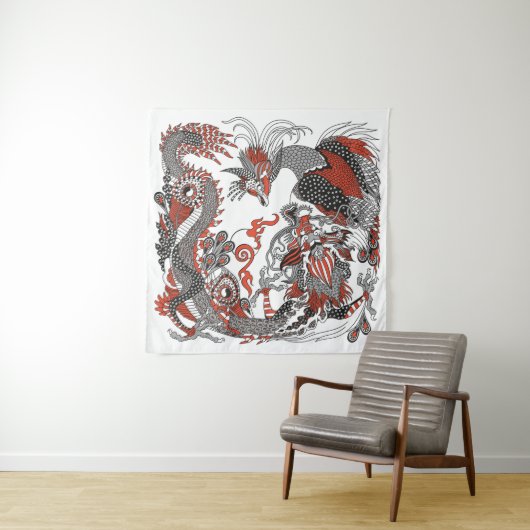 Jade Dragon en Gold Phoenix spelen met een parel Wandkleed (In Situ (horizontaal))