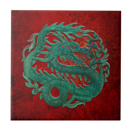 Jade Dragon op een rode achtergrond Tegeltje (Voorkant)