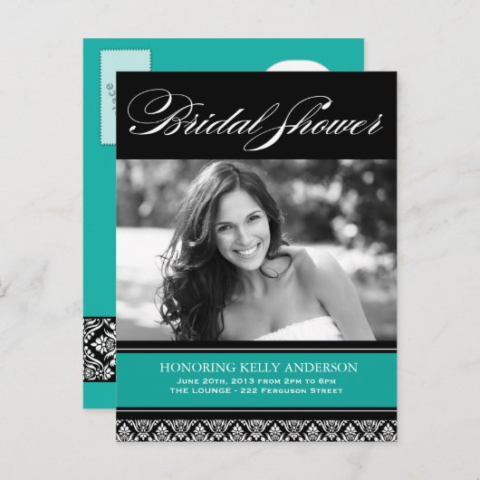 Jade en Black Damask Vrijgezellenfeest Uitnodiging Briefkaart (Voorkant / Achterkant)