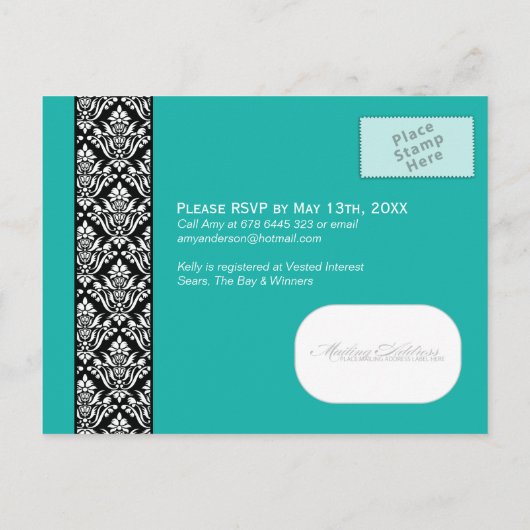 Jade en Black Damask Vrijgezellenfeest Uitnodiging Briefkaart (Achterkant)