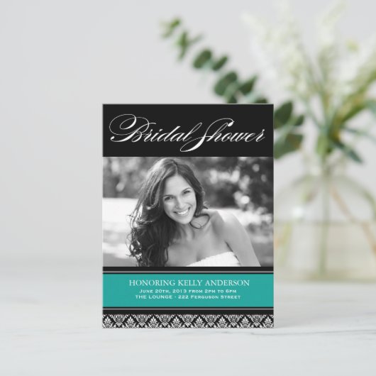 Jade en Black Damask Vrijgezellenfeest Uitnodiging Briefkaart (Staand voorkant)