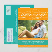 Jade en Oranje Damask Save the Date Aankondigingskaart (Voorkant / Achterkant)