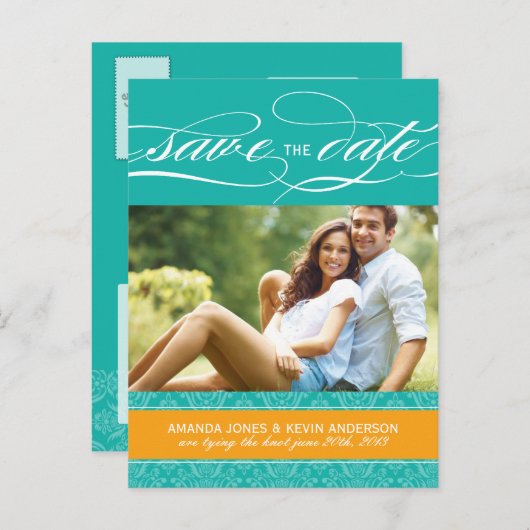 Jade en Oranje Damask Save the Date Aankondigingskaart (Voorkant / Achterkant)