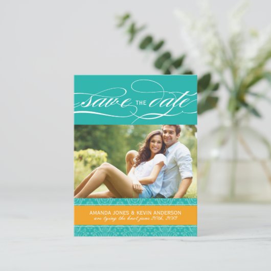 Jade en Oranje Damask Save the Date Aankondigingskaart (Staand voorkant)