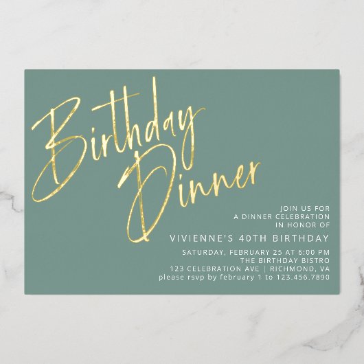 Jade Green Blauwgroen & Goud Modern Chic Verjaarda Folie Uitnodiging (Voorkant)