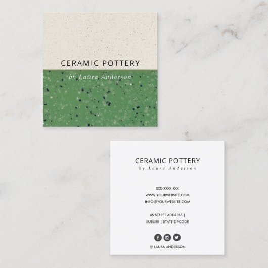 JADE GREEN CERAMIC POTTERY GLAZED SPECKLED TEXTURE VIERKANTE VISITEKAARTJE (Voorkant / Achterkant)