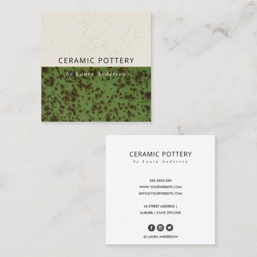 JADE GREEN CERAMIC POTTERY GLAZED SPECKLED TEXTURE VIERKANTE VISITEKAARTJE (Voorkant / Achterkant)