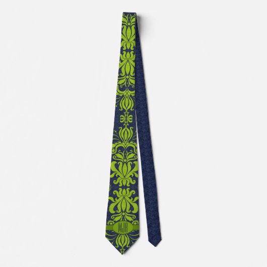 Jade Green en Navy Damask Swirl Monogram Stropdas (Voorkant)