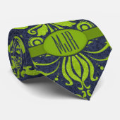 Jade Green en Navy Damask Swirl Monogram Stropdas (Opgerold)