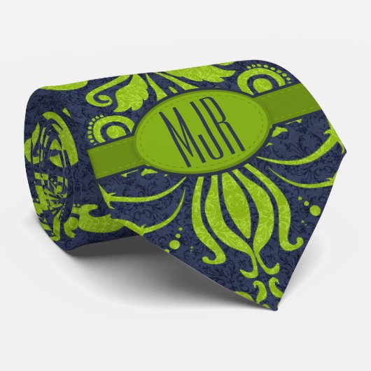 Jade Green en Navy Damask Swirl Monogram Stropdas (Opgerold)