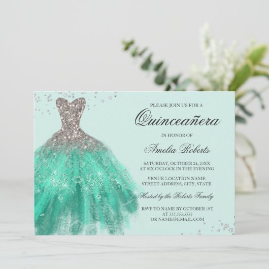 Jade Green Sparkle Jurk Quinceanera Uitnodiging (Staand voorkant)