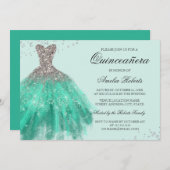 Jade Green Sparkle Jurk Quinceanera Uitnodiging (Voorkant / Achterkant)