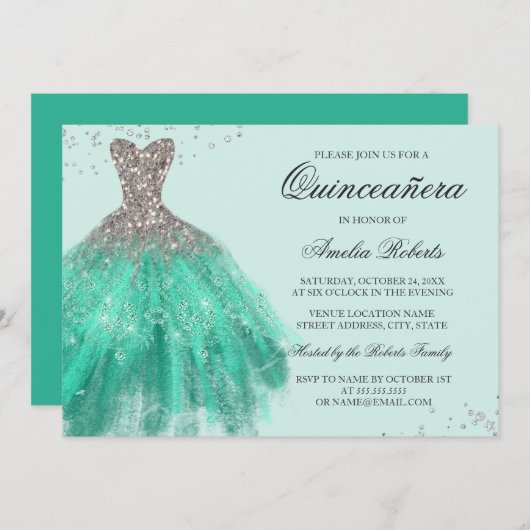 Jade Green Sparkle Jurk Quinceanera Uitnodiging (Voorkant / Achterkant)