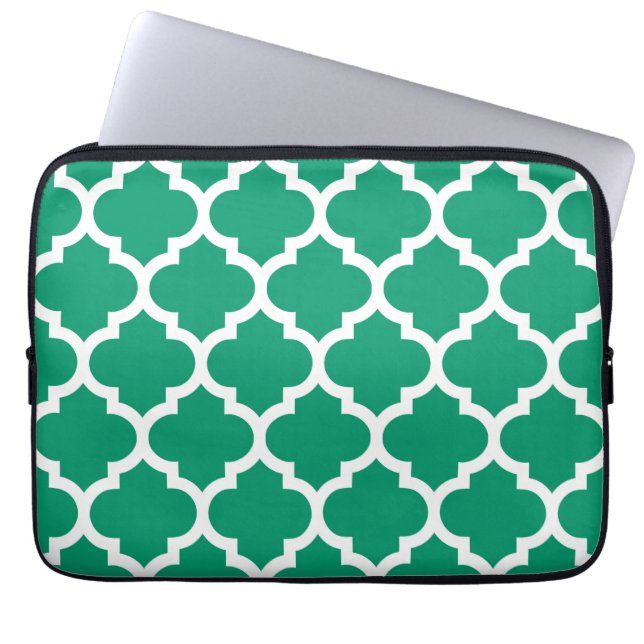 Jade Green White Moroccan Quatrefoil Pattern #5 Laptop Sleeve (Voorkant)